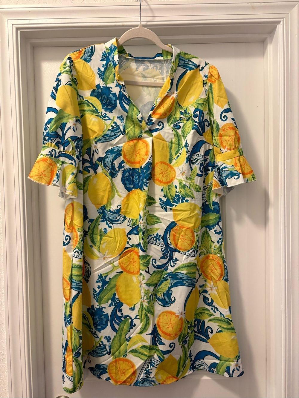 SHEIN Lemon Print V-Neck Tunic Dress in Yellow & Blue Size XL / 1X